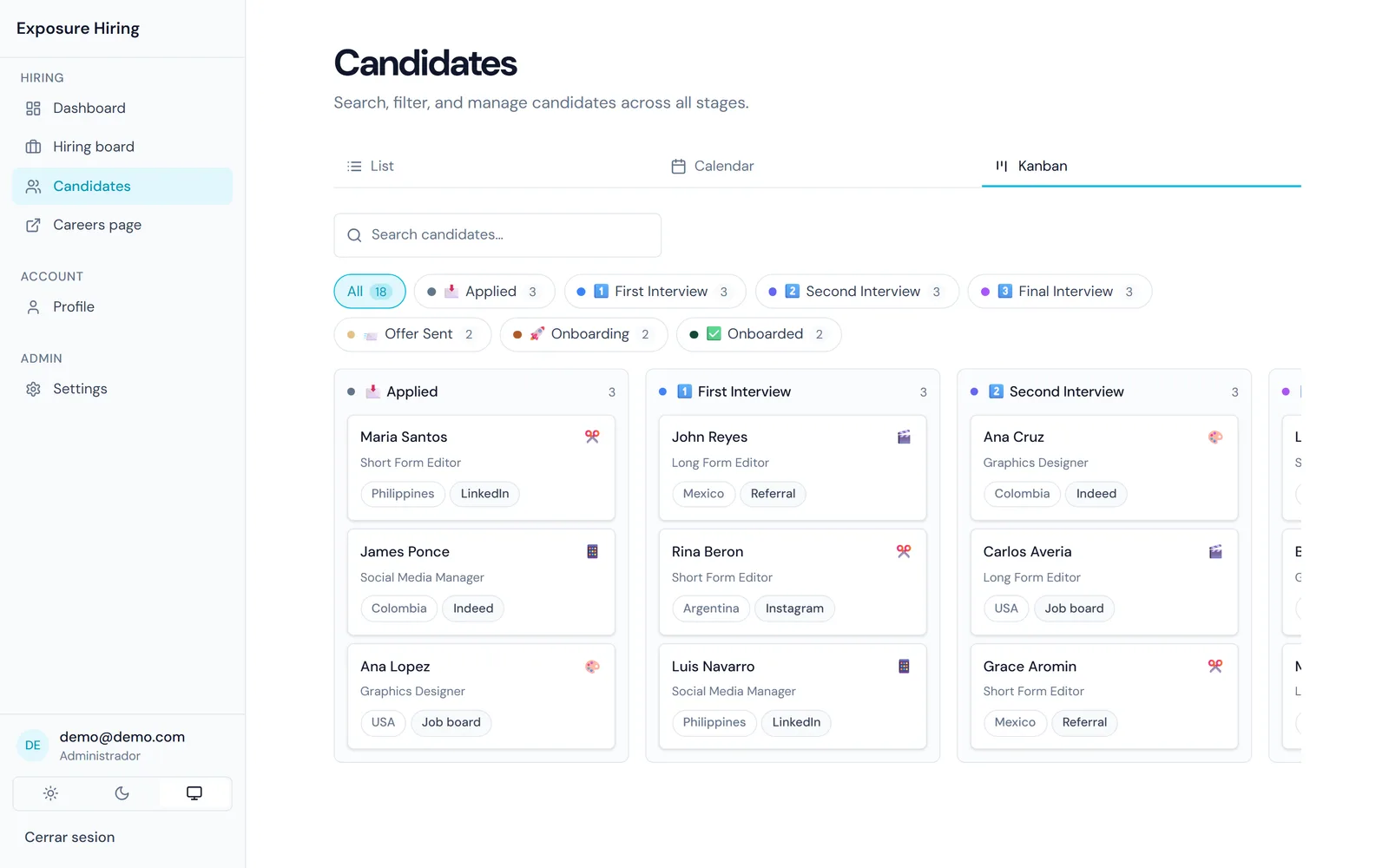 Vista Kanban de candidatos por etapa: aplicó, primera entrevista, segunda entrevista y siguientes, con el puesto, el país y la fuente de cada candidato.
