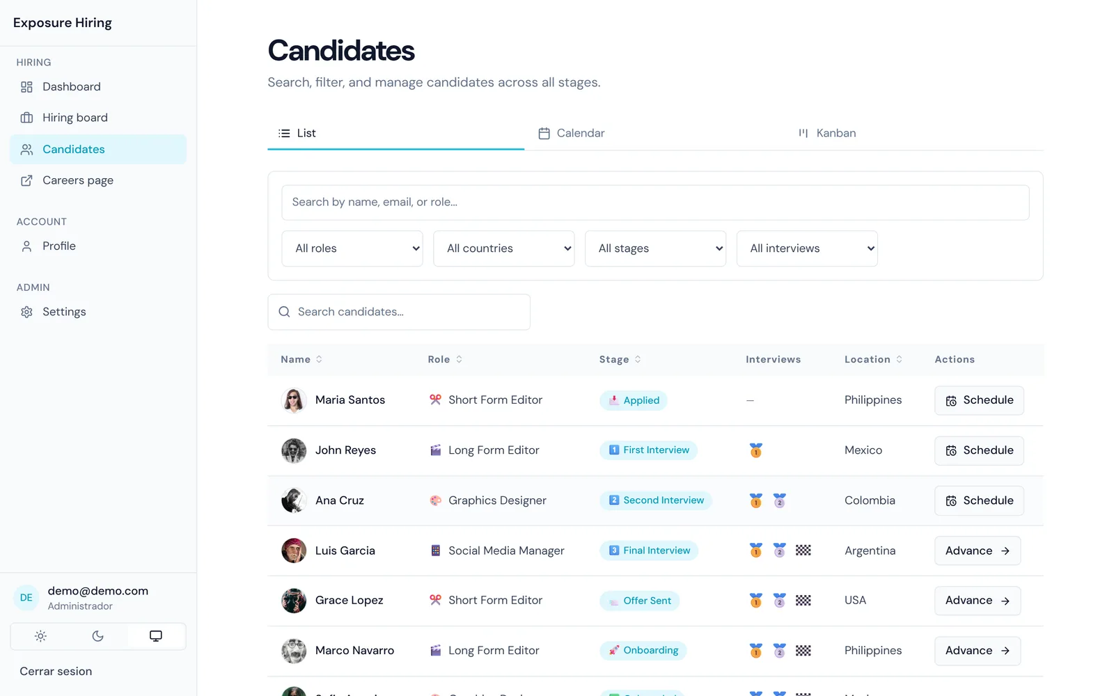 Vista de lista de candidatos con filtros por puesto, país, etapa y entrevista, y botones para agendar o avanzar a cada persona.