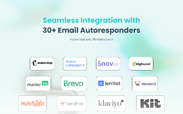 Logos de las integraciones directas de Groupboss: Mailchimp, ActiveCampaign, Snov.io, HighLevel, MailerLite, Brevo, Lemlist, Moosend, HubSpot, SendFox, Klaviyo y Kit